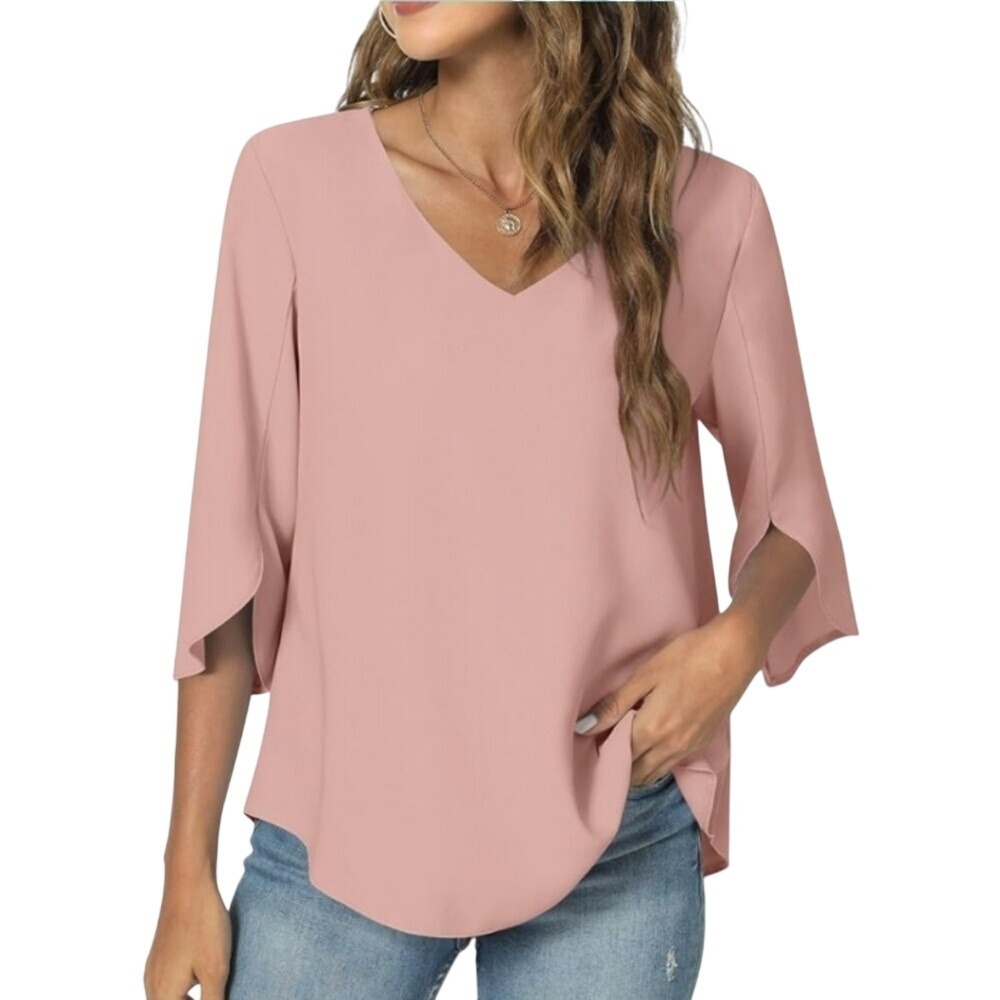 Taohuadao Womens V-Neck Petal Sleeve‎ Blouse Pink Small 3/4 Split Sleeve Top